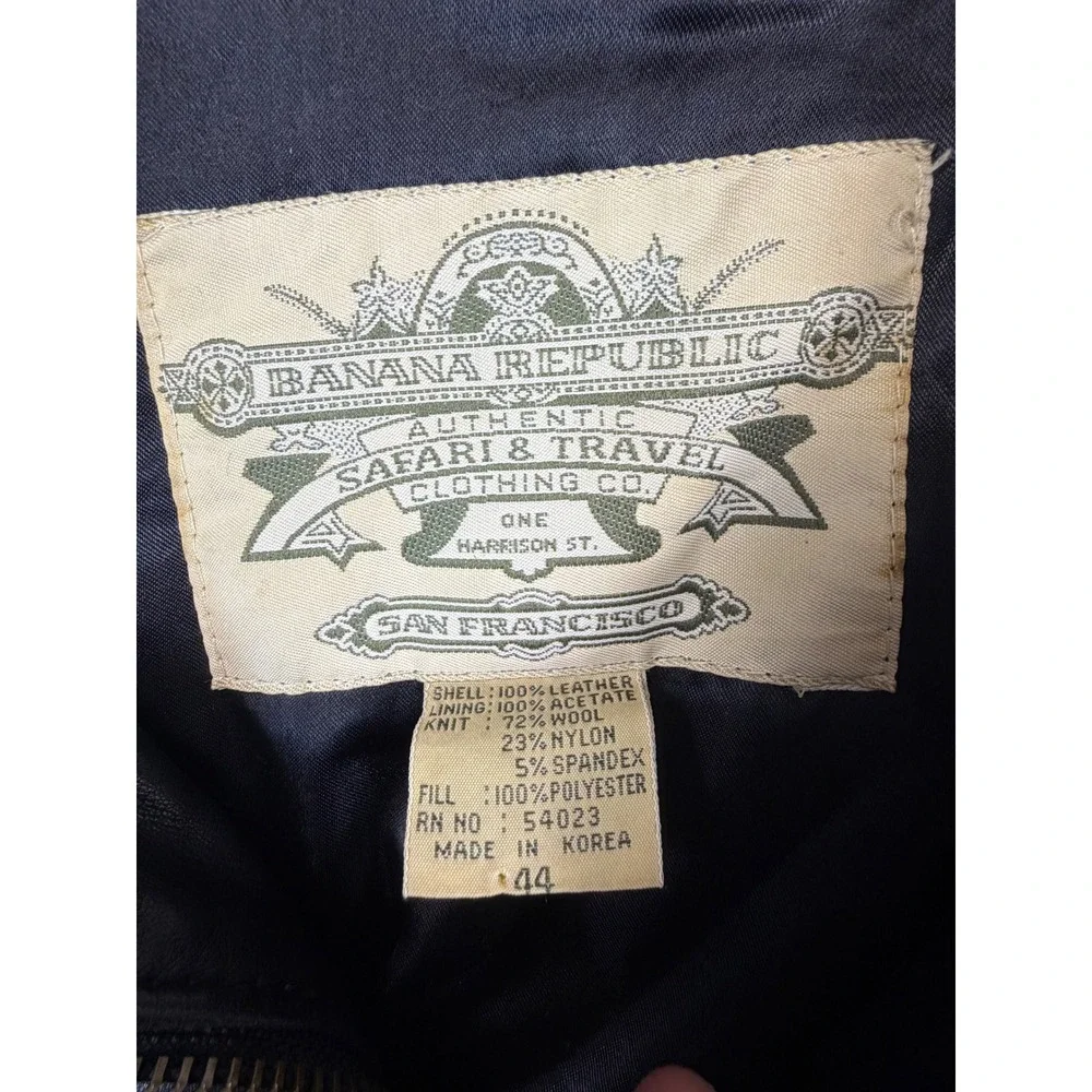 Banana Republic Vintage Leather Bomber Flight Jacket Black Size 44 Safari Travel